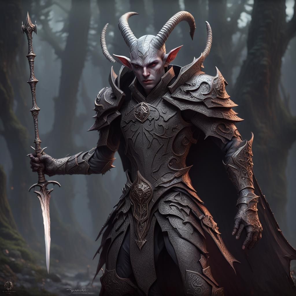 Cambion Elf Tiefling Warrior in Dark Fantasy Style