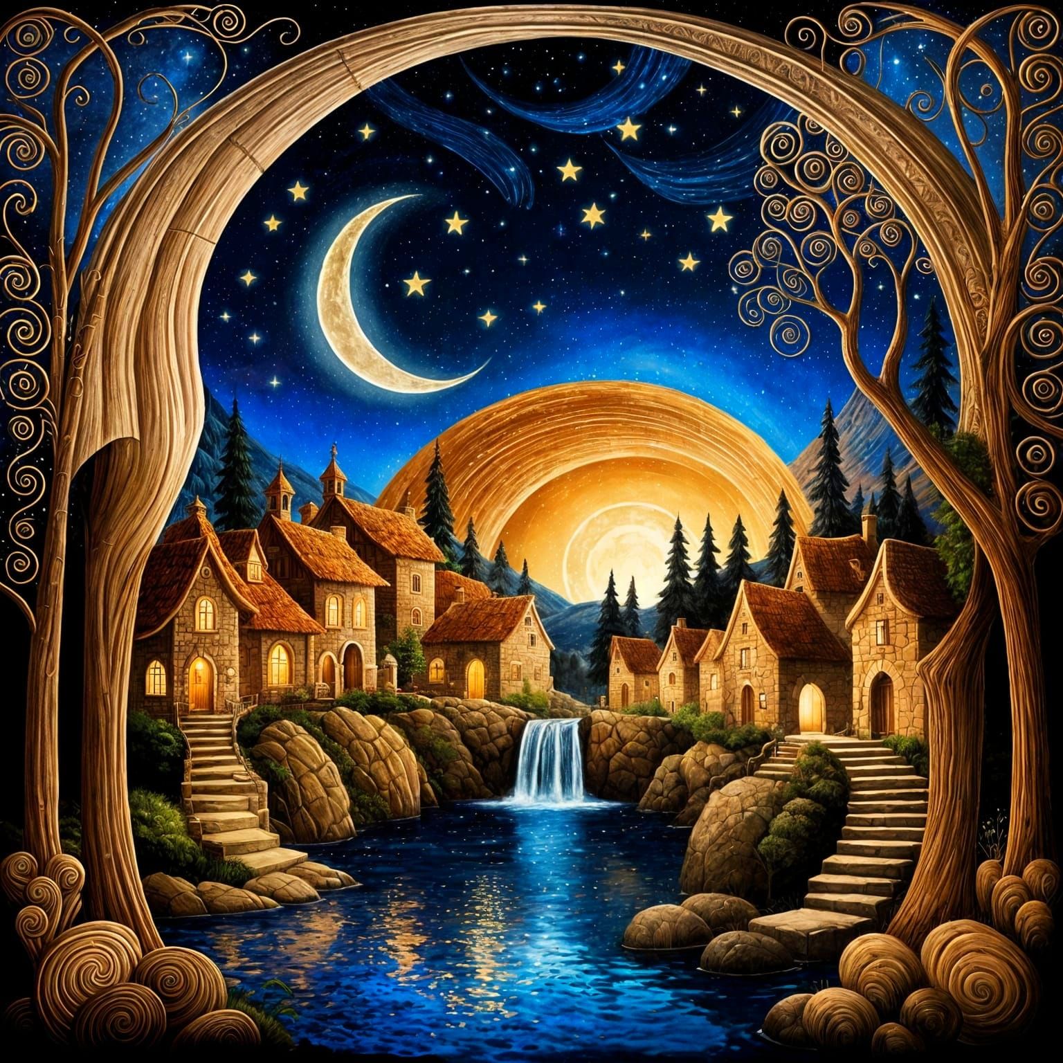 Magical Waterfall Village Under Crescent Moon
