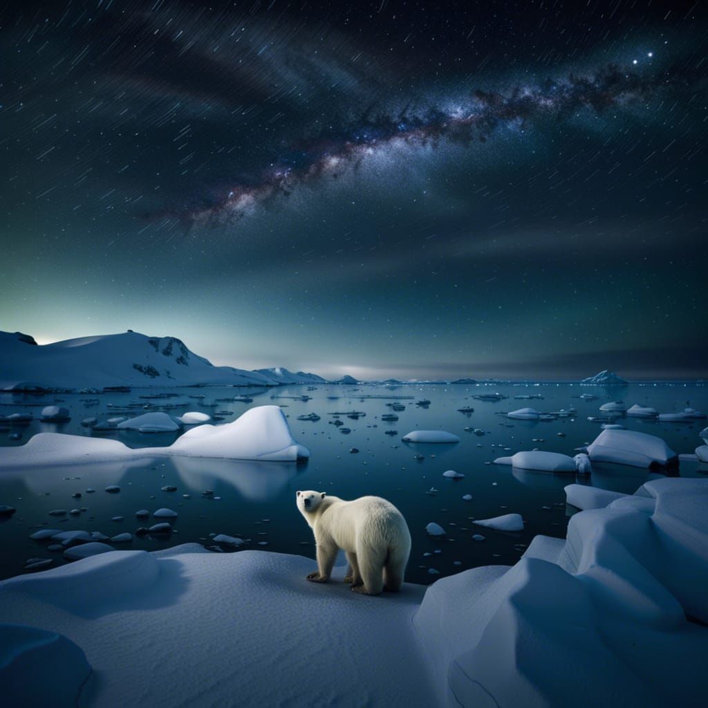 Antarctic Icy Landscape with Polar Bears at Night