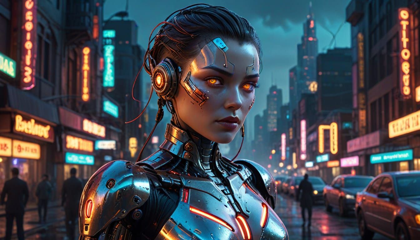 Glamorous Cyborg in Neon Cyberpunk Cityscape