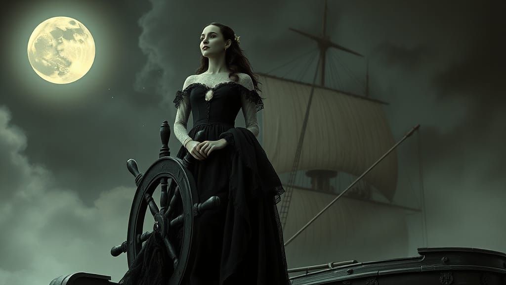 Victorian Woman on Mystical Ship, Ethereal Digital Art
