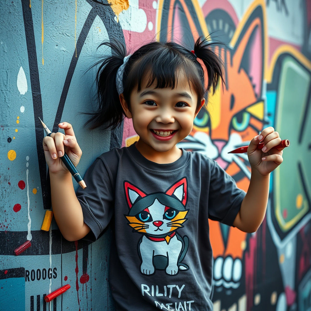 Girl Paints Graffiti Mural in Urban Art Deco Style