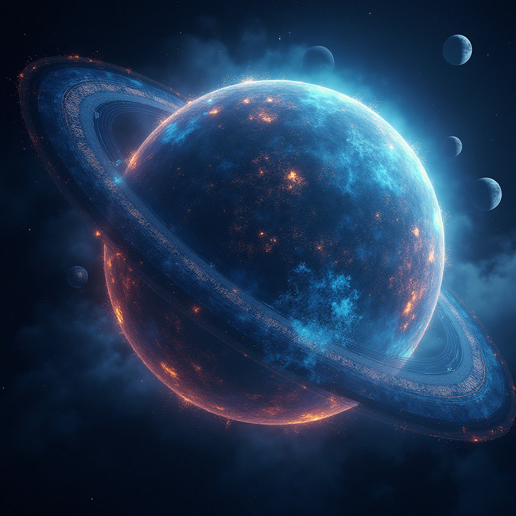 Electric Blue Planet with Crystalline Rings in Space