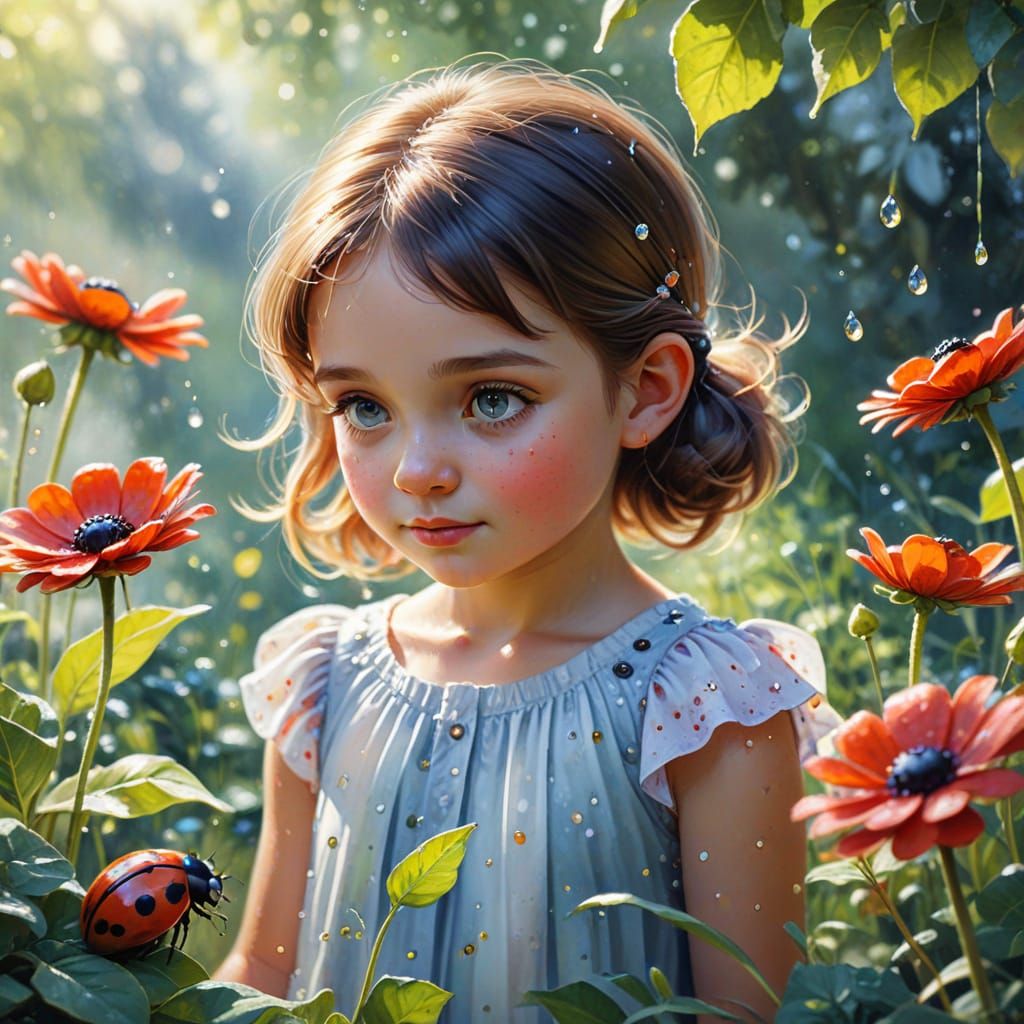 Whimsical Watercolor of Girl and Ladybug in Park