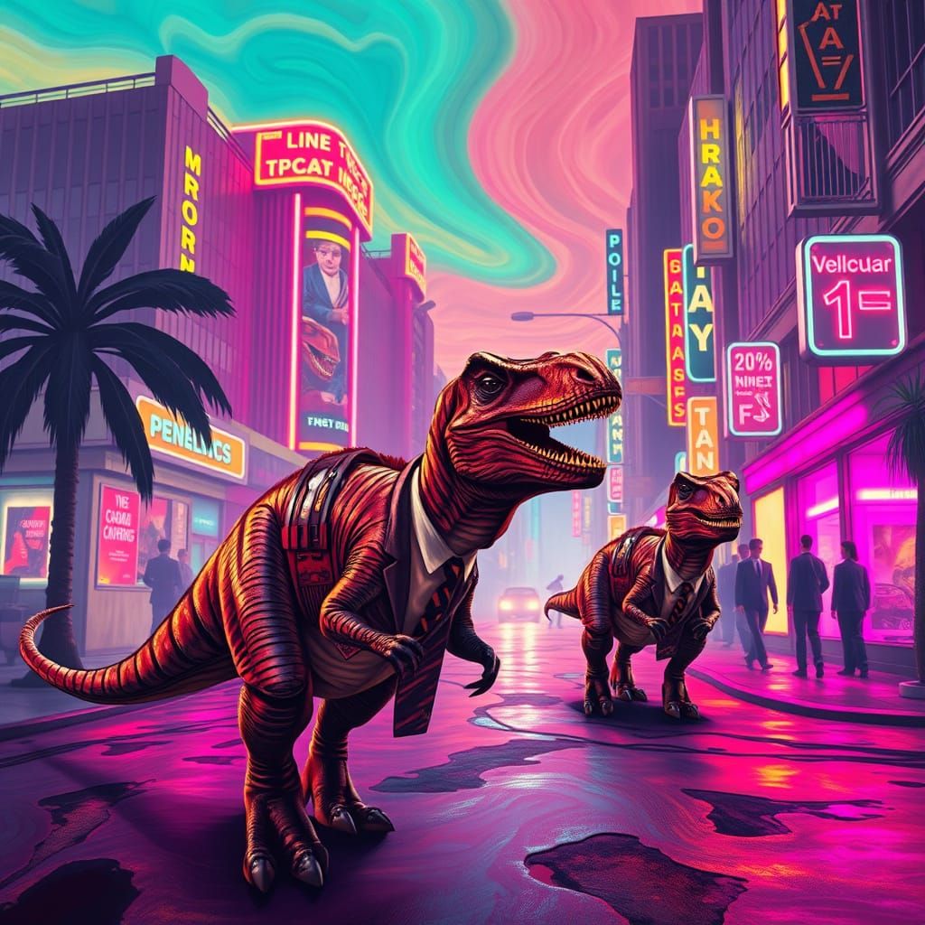 Dinosaurs in the City: A Surreal Synthwave Dream