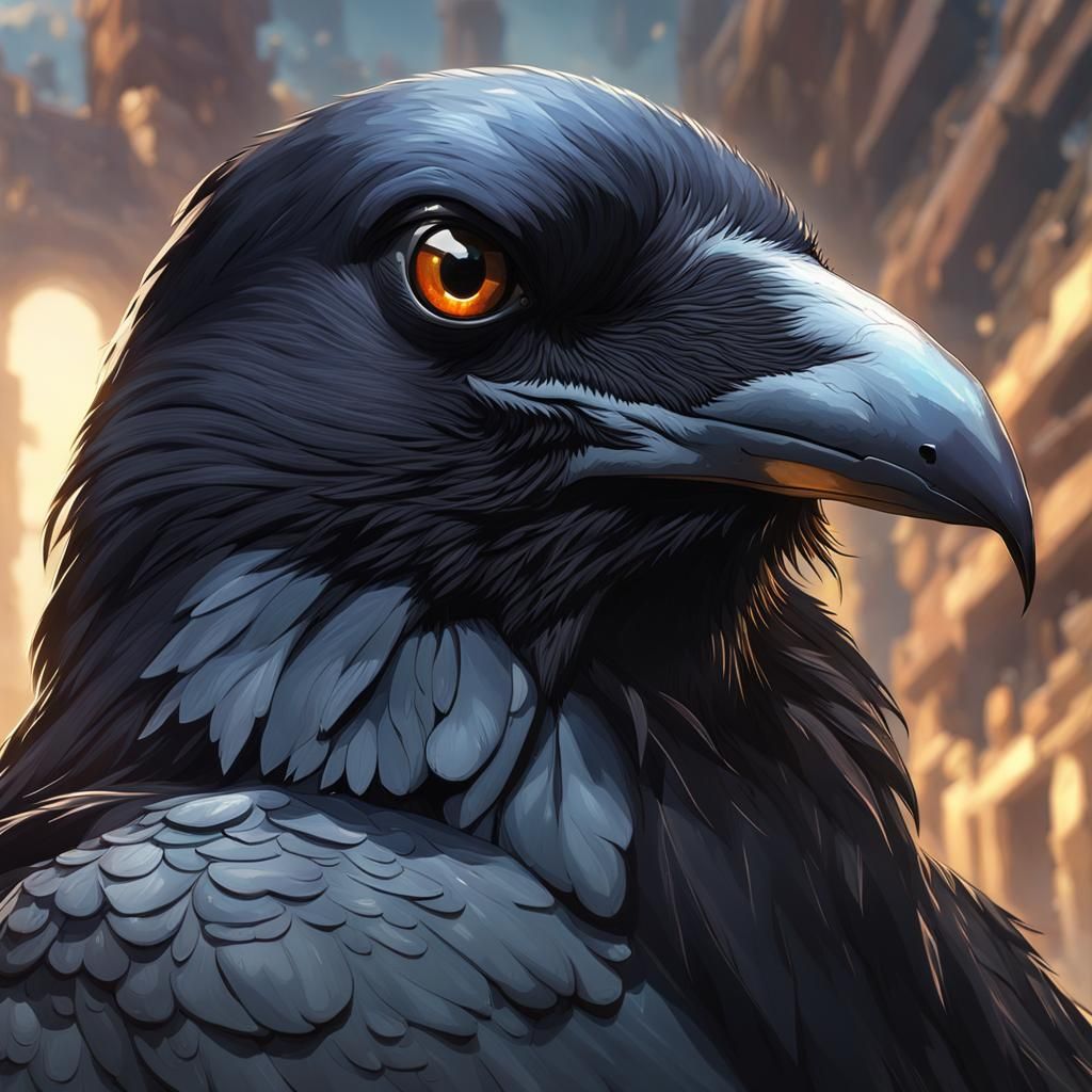Black Crow Portrait in Hyperdetailed Digital Art Style