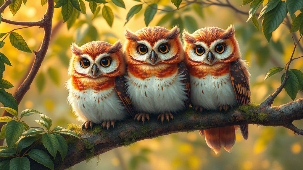 Colorful Owls on Branch in Impressionistic Style