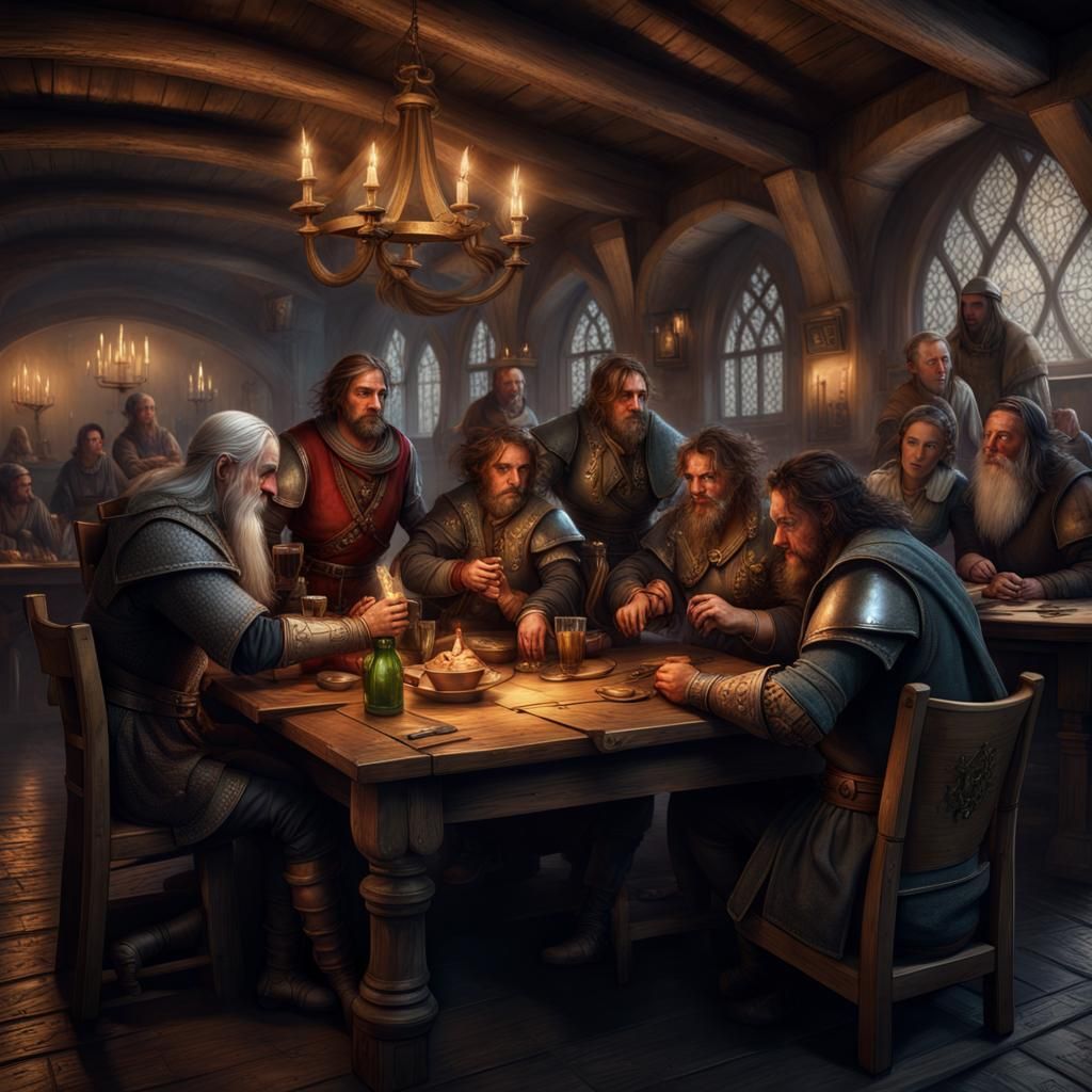 Medieval Tavern Scene with Fantasy Characters