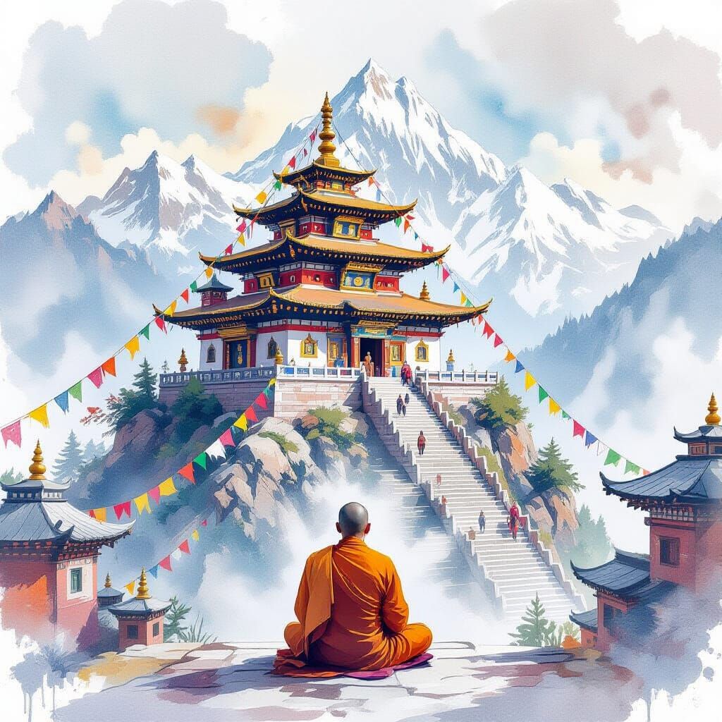 Serene Himalayan Temple with Monk in Watercolor Style