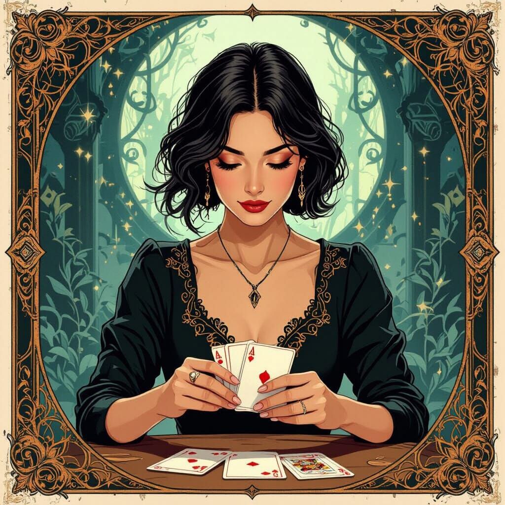 Mystical Woman Shuffling Cards in Vintage Style