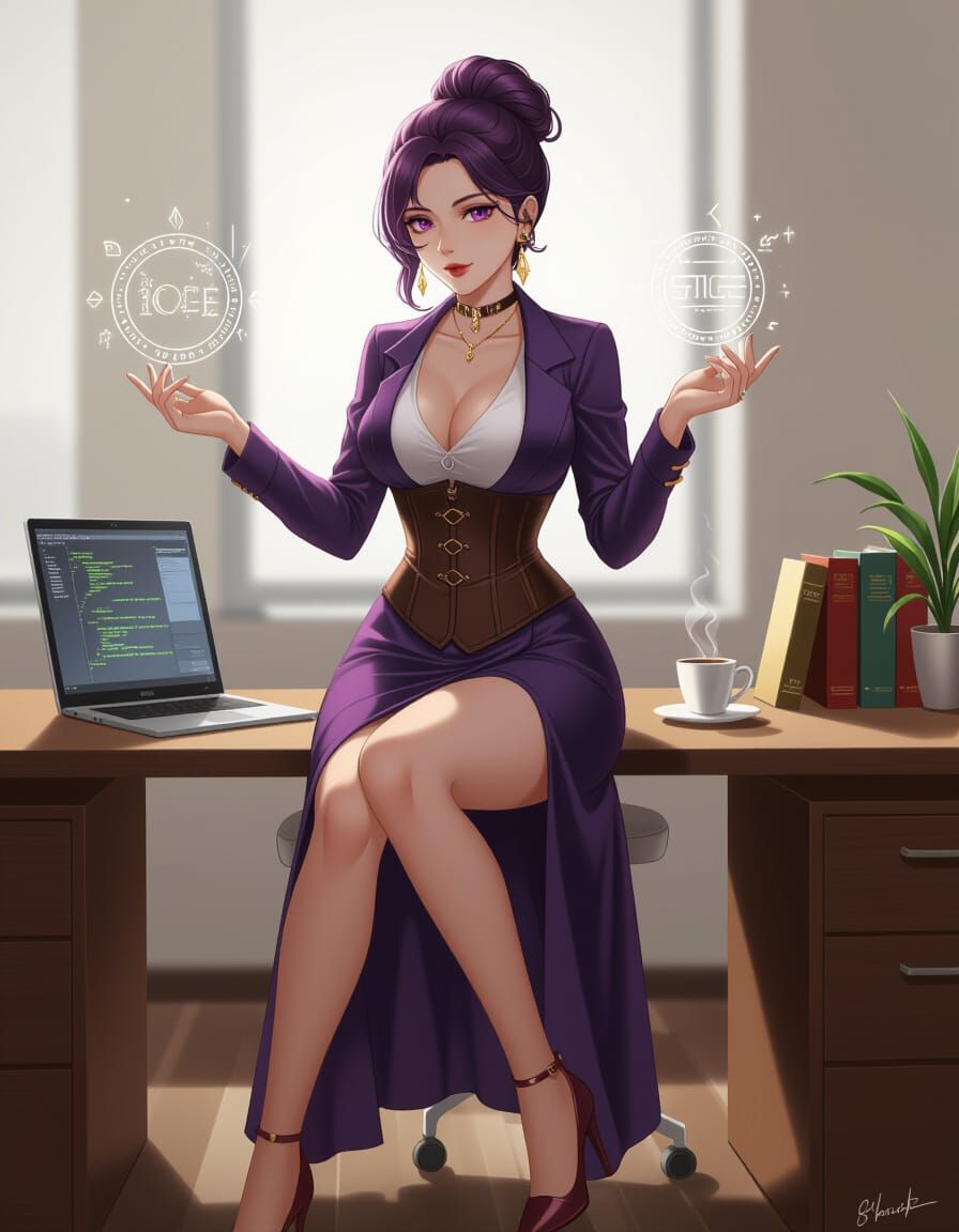 Elegant Anime Woman Scripts Magic in Sci-Fi Office