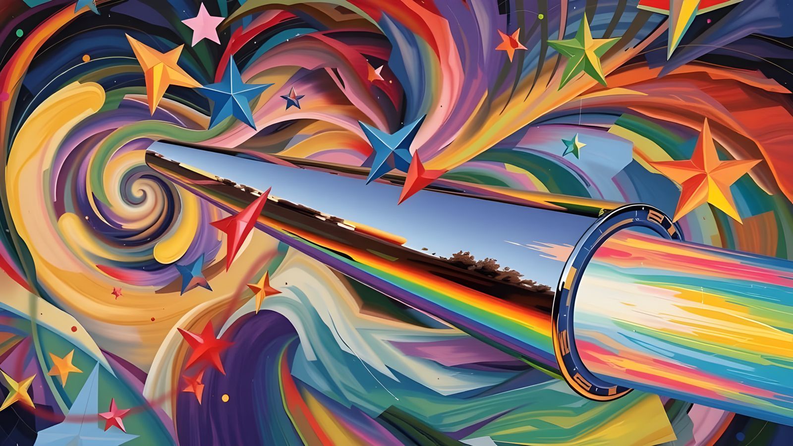 Sleek Rainbow Cylinder with Impasto Vortex and Whirling Star...