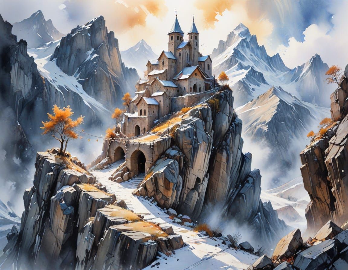 Abandoned Mountain Monastery in Watercolor Style