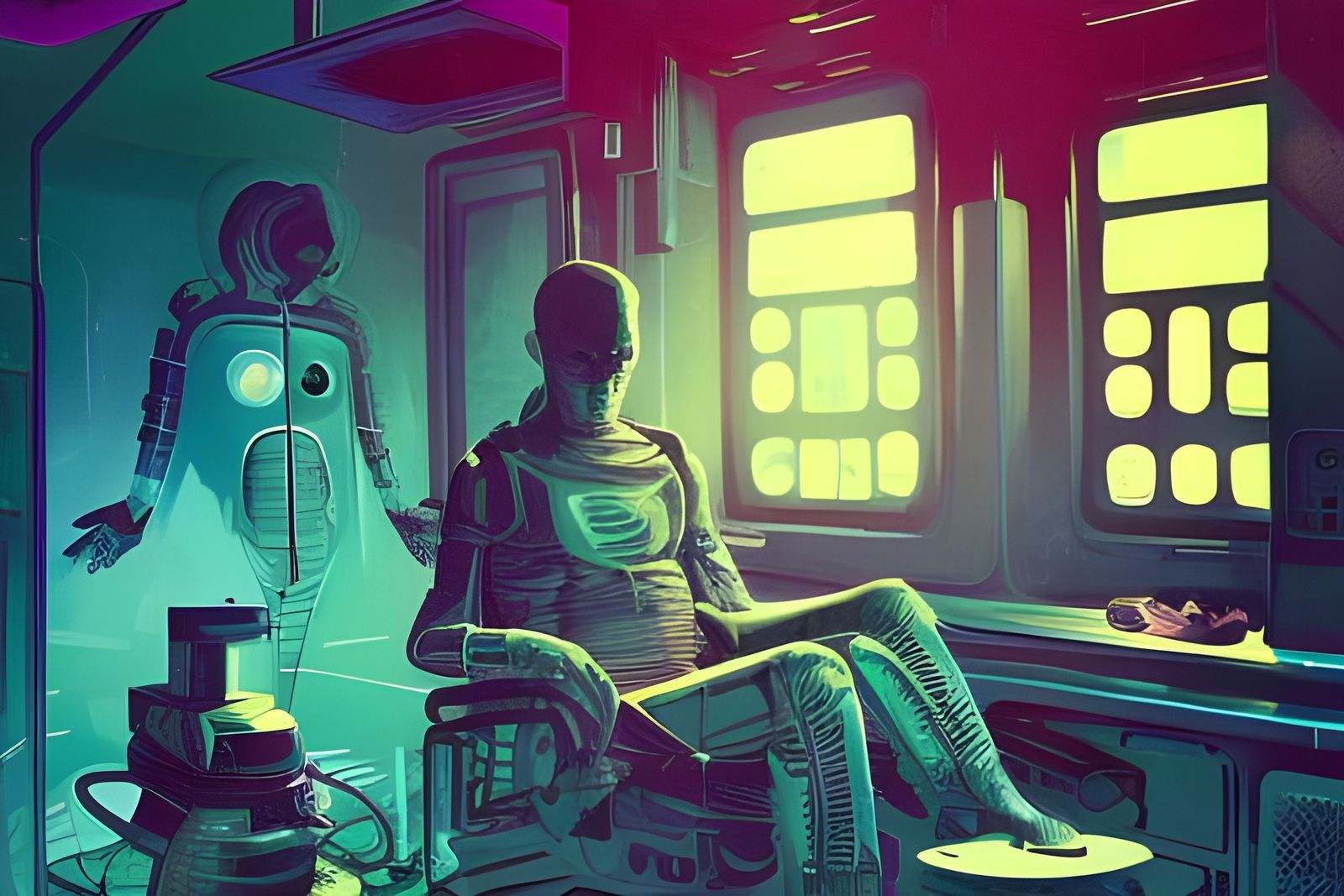 Alien Doctor in Retro Sci-Fi Office