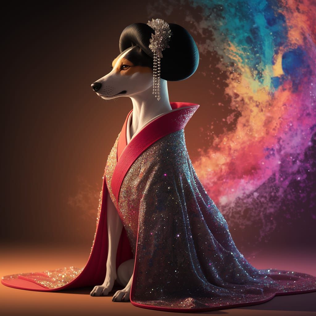 Elegant Dog Geisha in Vibrant Splash Art