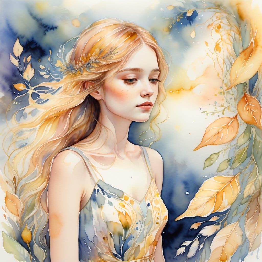 Whimsical Watercolor Portrait of a Young Woman in a Hidden G...