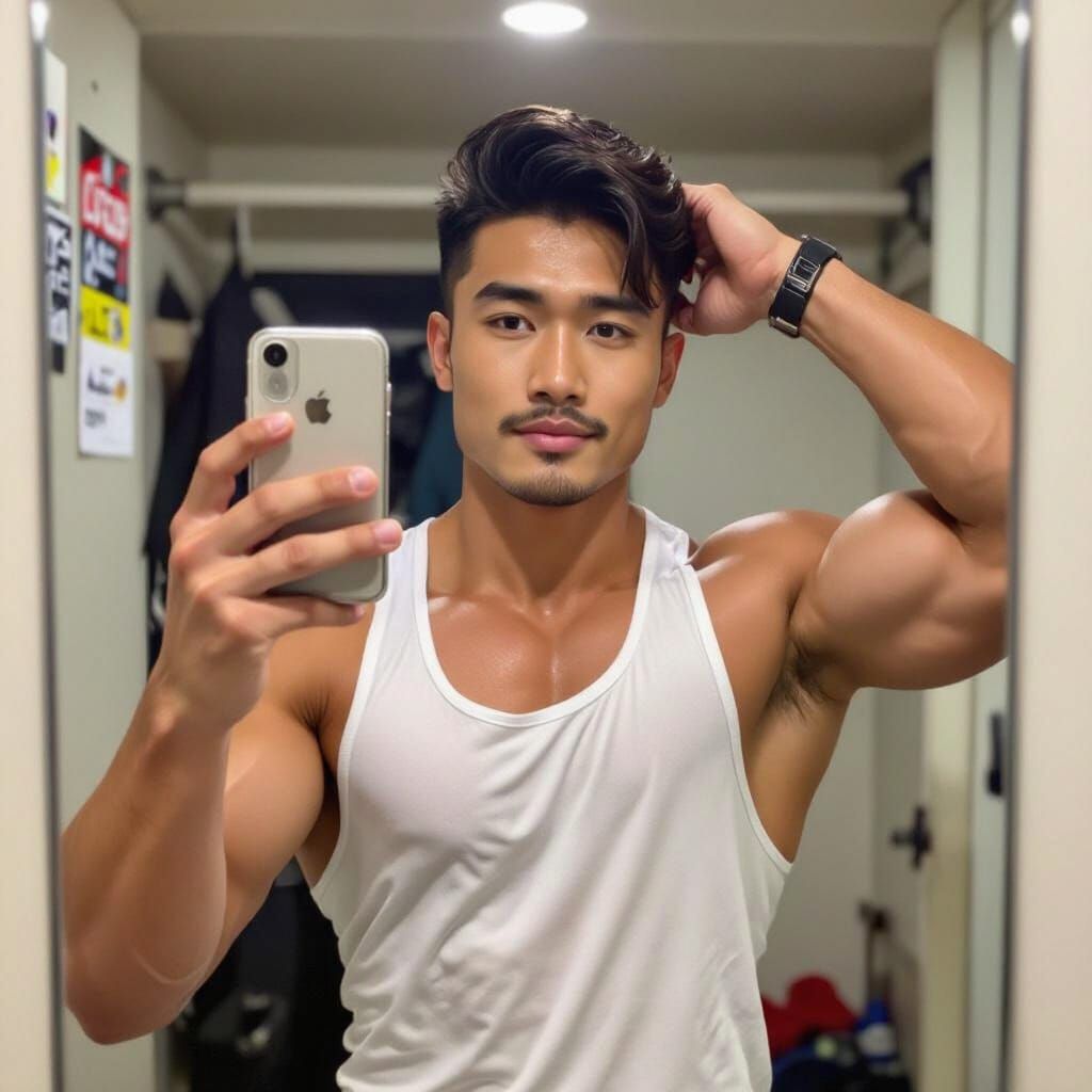 Muscular Indonesian Man Takes Gym Selfie in Dim Room