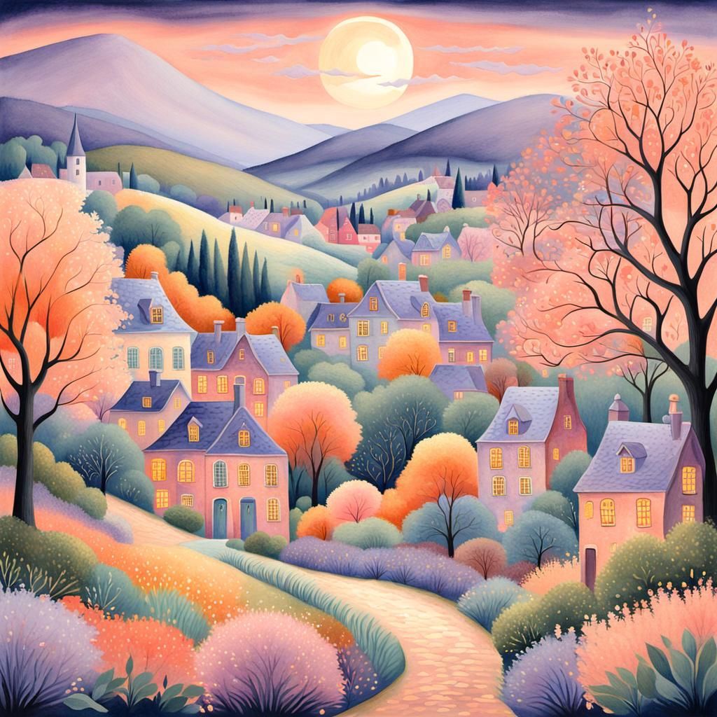 Whimsical Forest Townscape in Naive Art Style