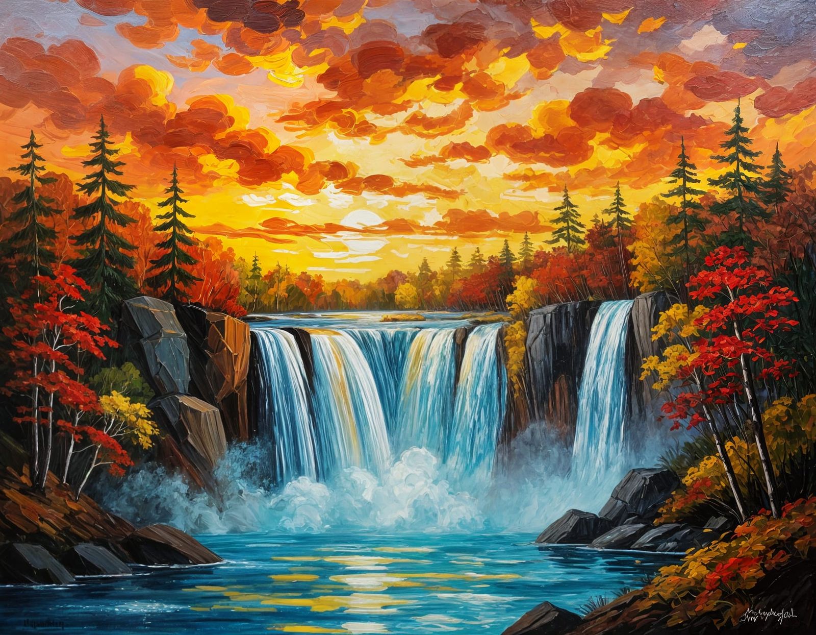 Magnificent Autumn Waterfall Painting with Vivid Sunset Sky