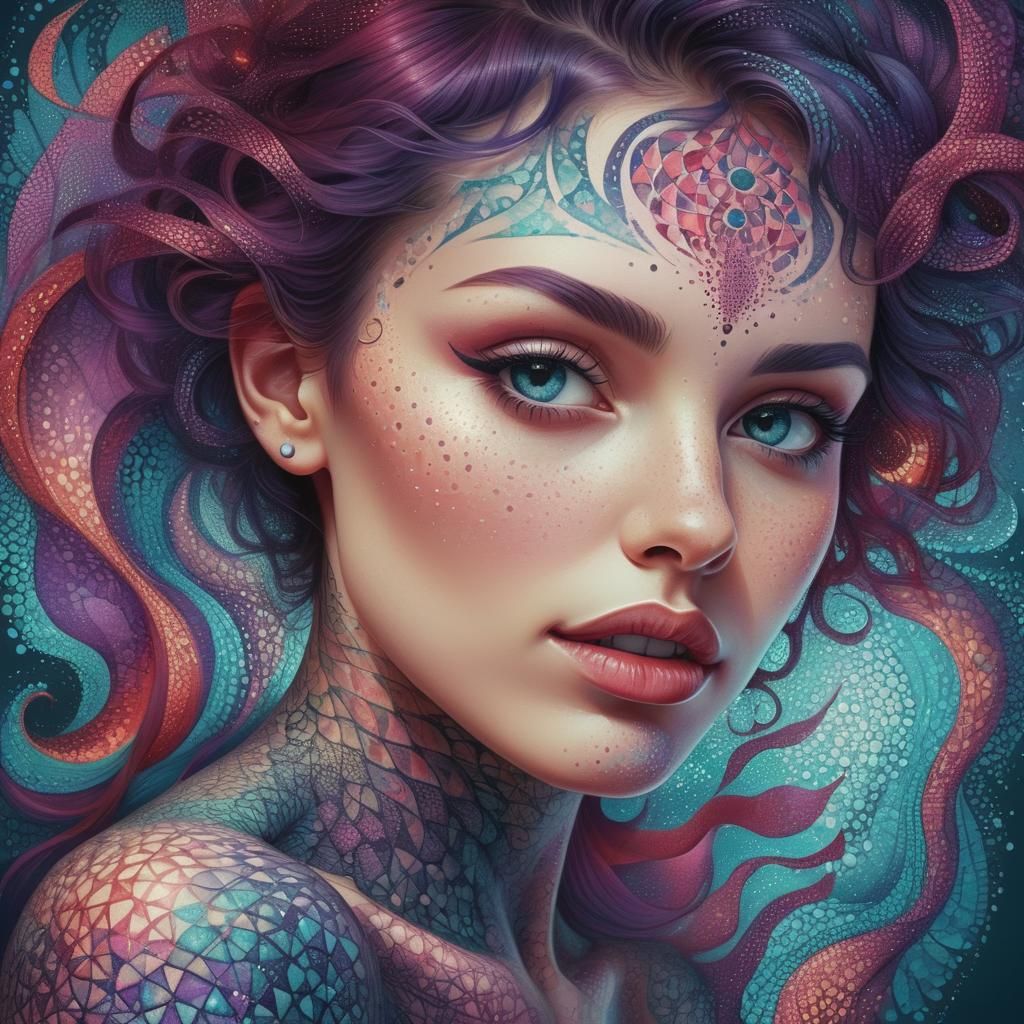 Detailed Pointillism Tattoo Art with Abstract Fractals