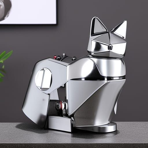 Retro-Futuristic Robotic Cat Flying in Atompunk Style