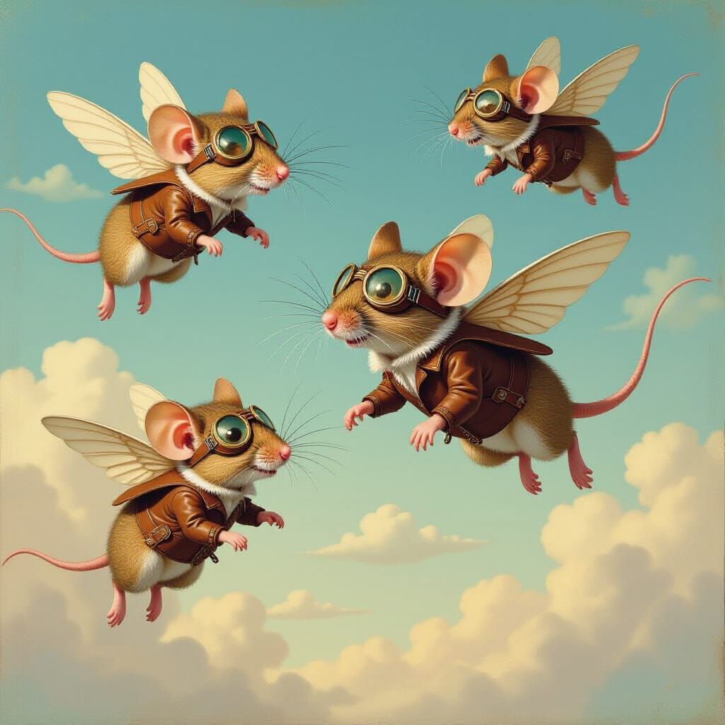 Whimsical Flying Mice in Surreal Sky, Mixed Media Art