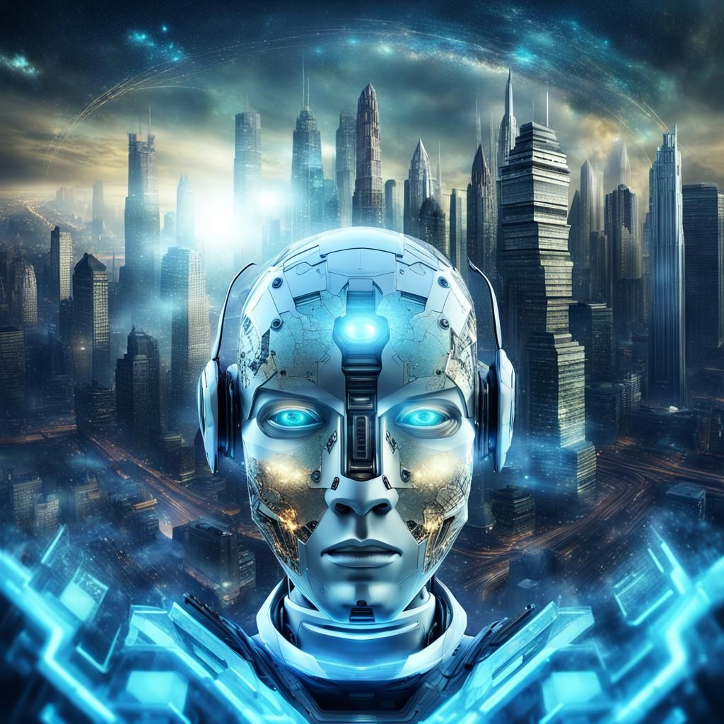 Futuristic Robot Head in Cityscape with Fractal Background