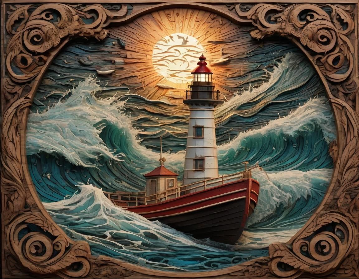 Lighthouse Beaming Light on Boat: 3D Wood Carving