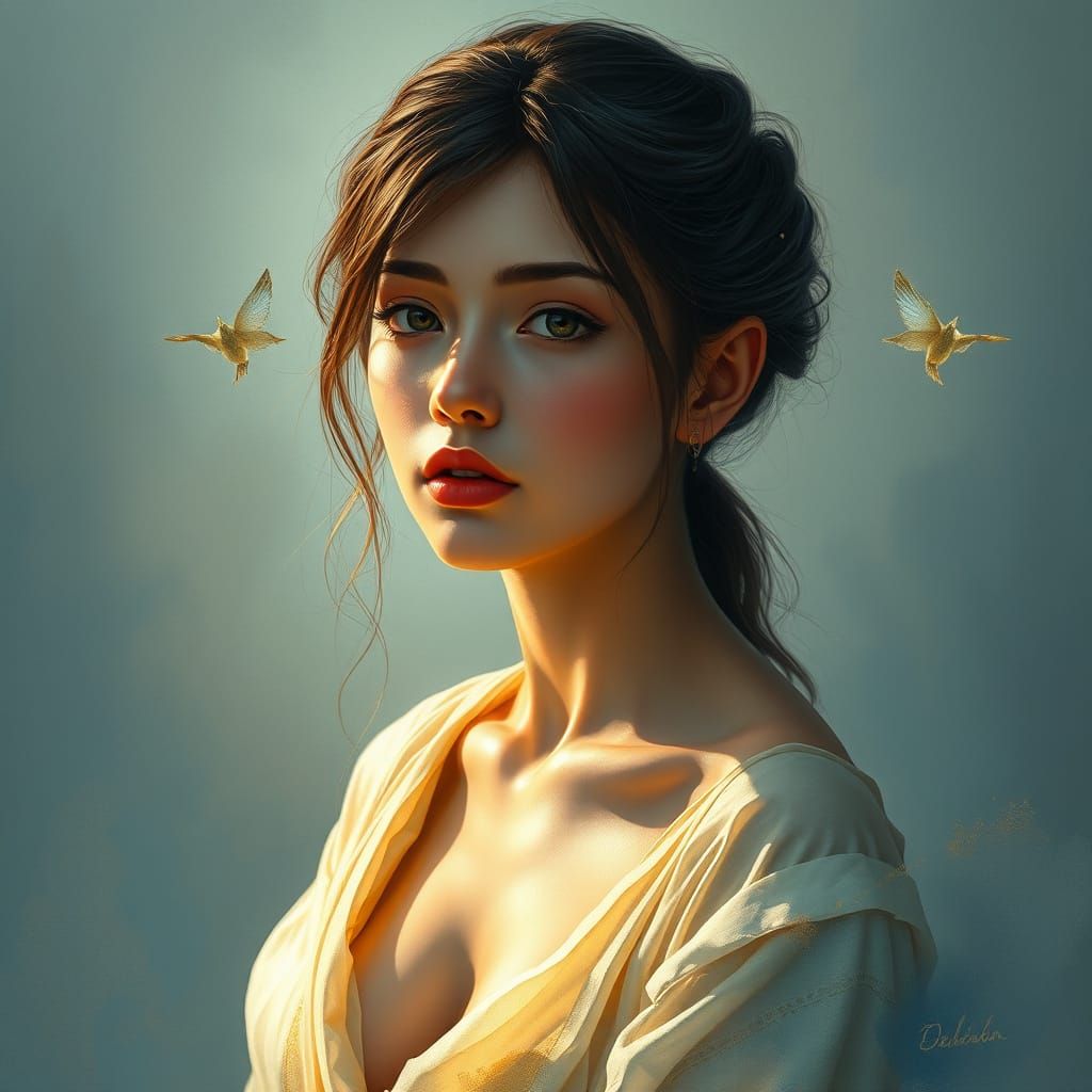 a serene portrait of a young woman with delicate features, s...