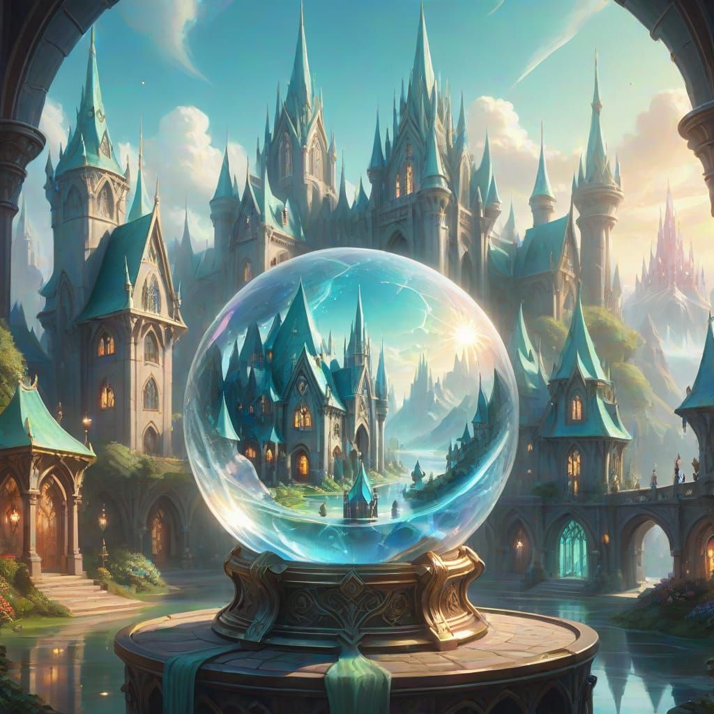 Enchanted Elf City Surrounding Crystal Ball, Oil Painting
