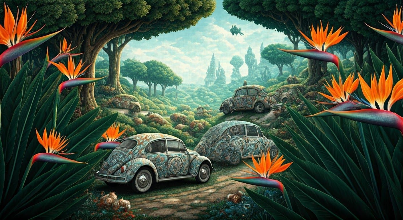 Dreamlike VW Beetle Fantasy Landscape in Cross-Stitch Style