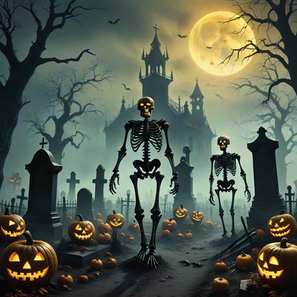 Dancing Skeletons in Graveyard: Dark Fantasy Matte Painting