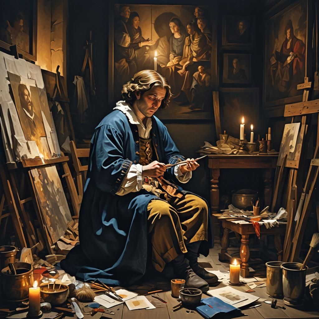 Contemplative Artist Expressing Fear in Baroque Style