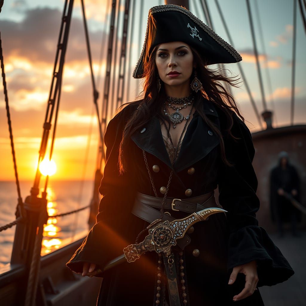 Regal Pirate Captain in Couture on Galleon Deck at Sunset
