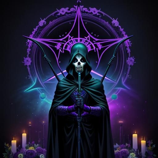 Neon Grim Reaper with Scythe in Abstract Art