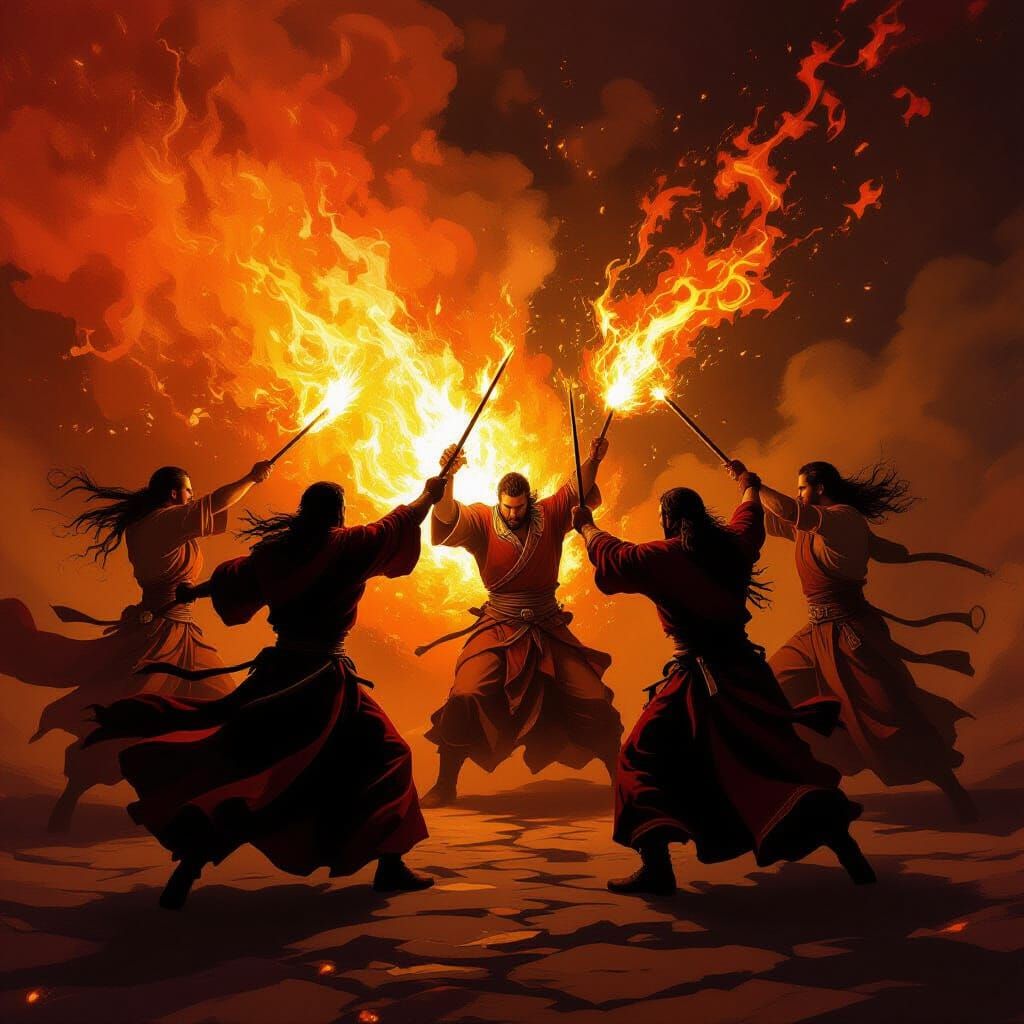 Five Figures Clash in Fiery Vortex, Forging a Path