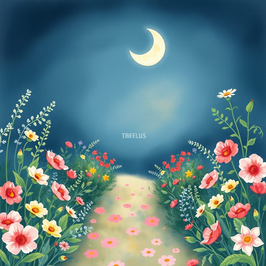 Floral Pathway Illuminated by Moon in Watercolor