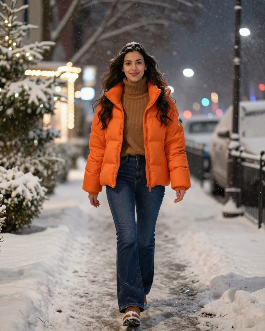 Woman Walks on Snowy Night with Christmas Lights