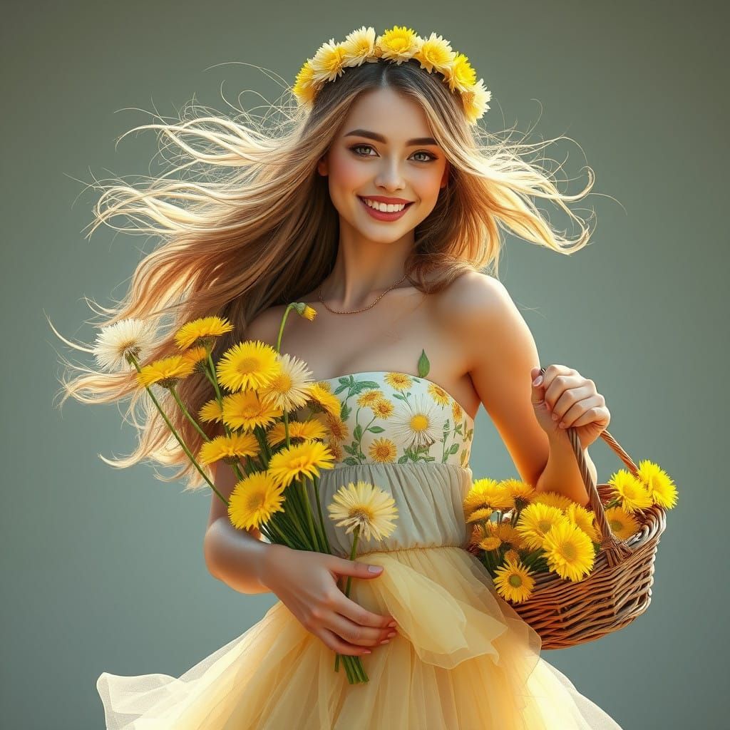 Vibrant Dandelion Goddess in Whimsical Fantasy Landscape
