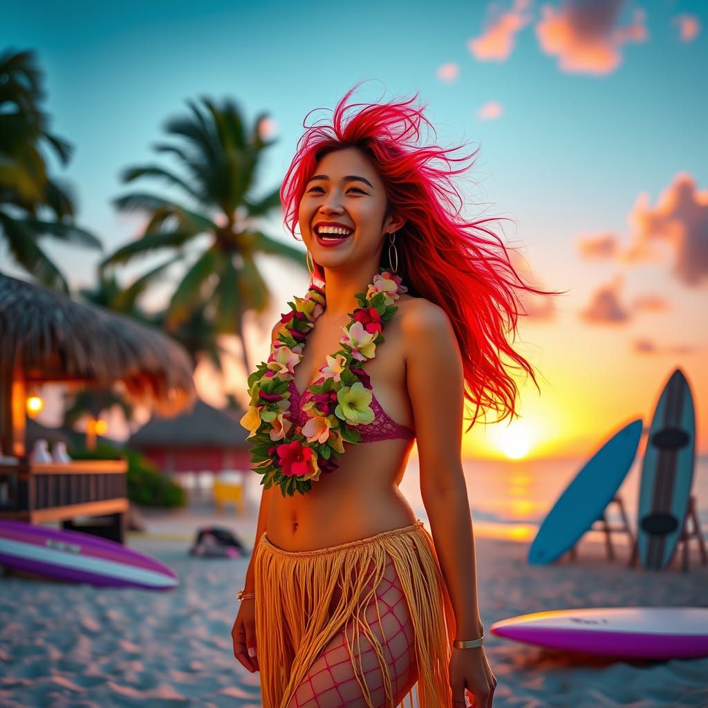 Neon Retro Asian Woman on Hawaiian Beach