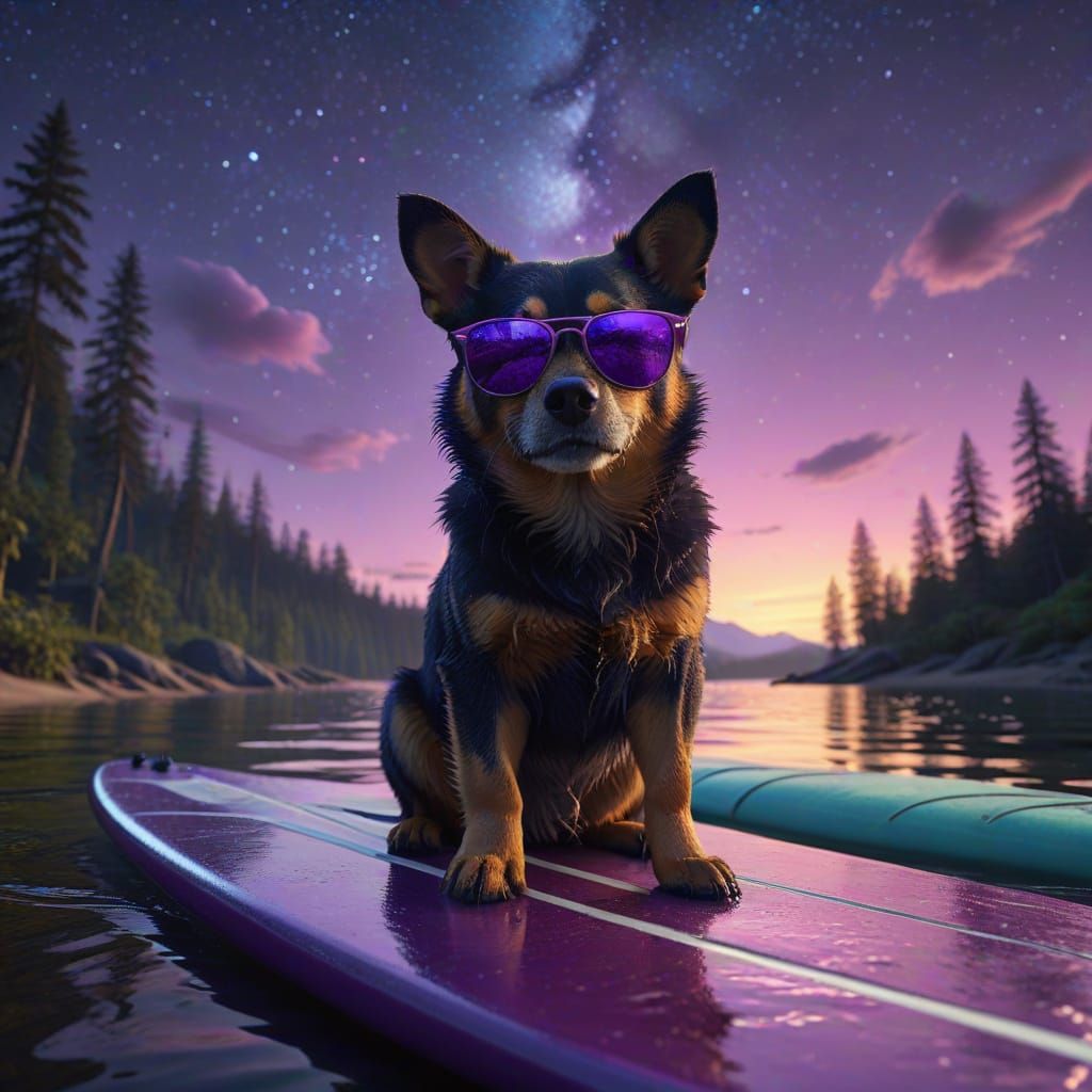 Surreal Surfing Dog in Vibrant Violet Lake