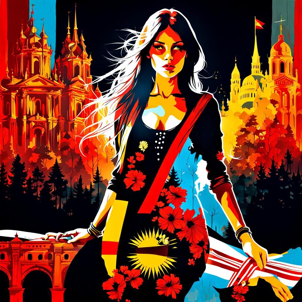 Double Exposure German Beauty Portrait in Ink Art Style