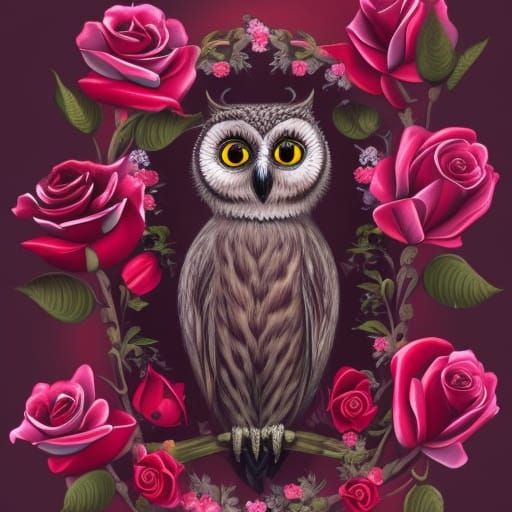 Owl Surrounded by Roses: Detailed Matte Painting