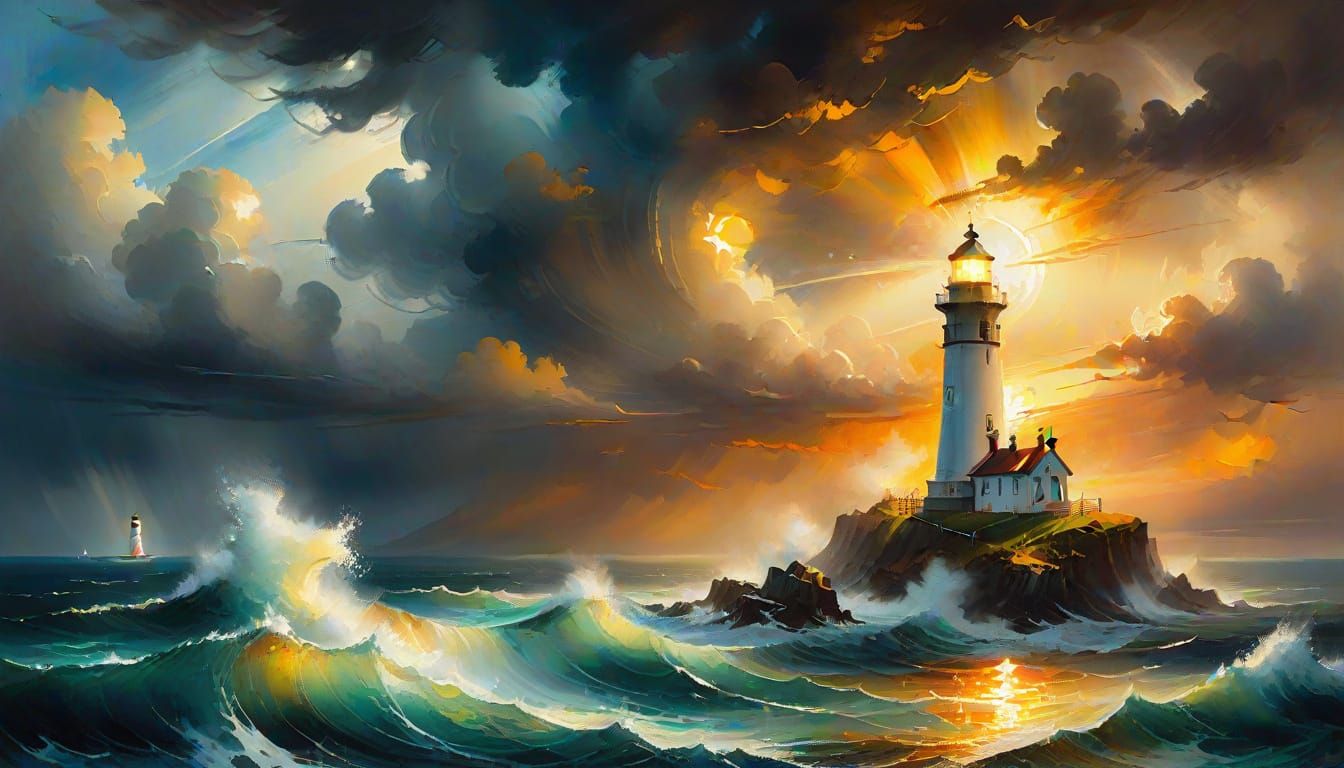 Lighthouse Against Stormy Sea, Impressionist Painting