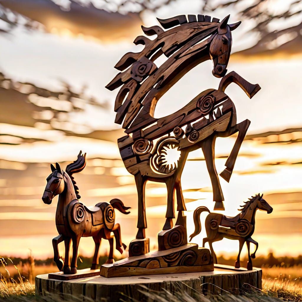 Wooden Horses Folk Art Sculpture in Field