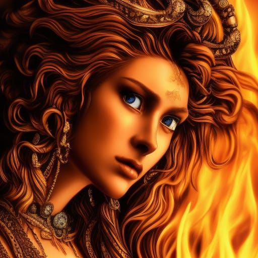 Fire Goddess Portrait with Fiery Crown and Armor