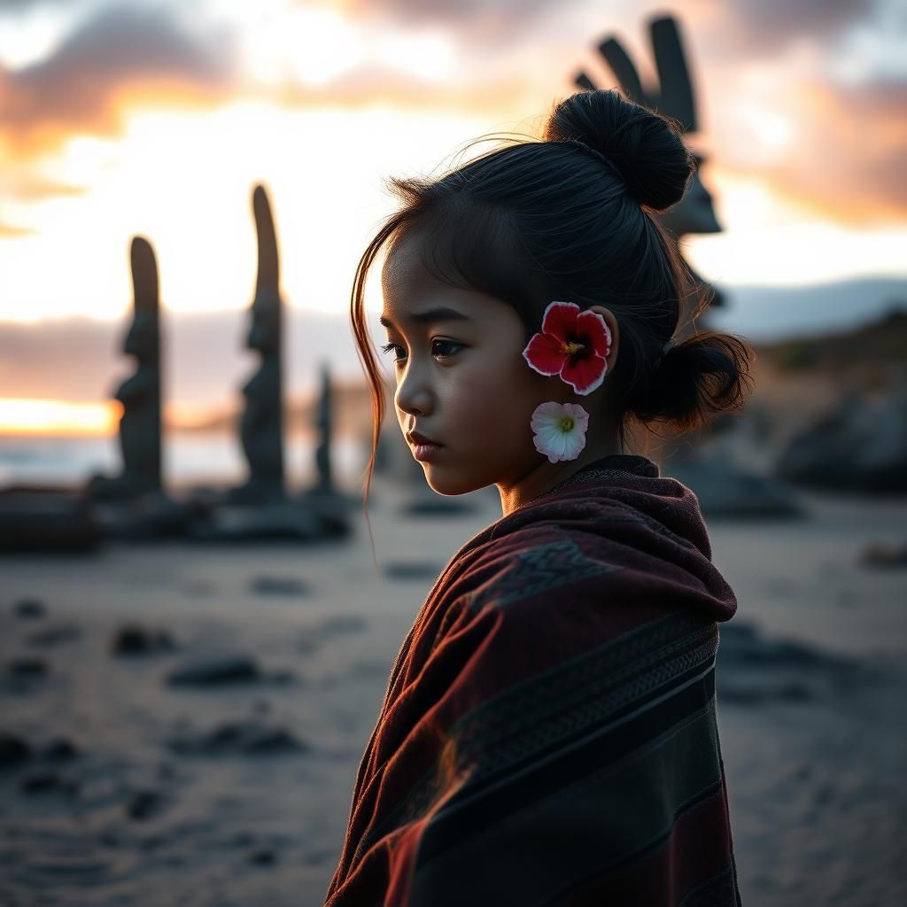 Maori Girl at Sunset with Wooden Sculptures