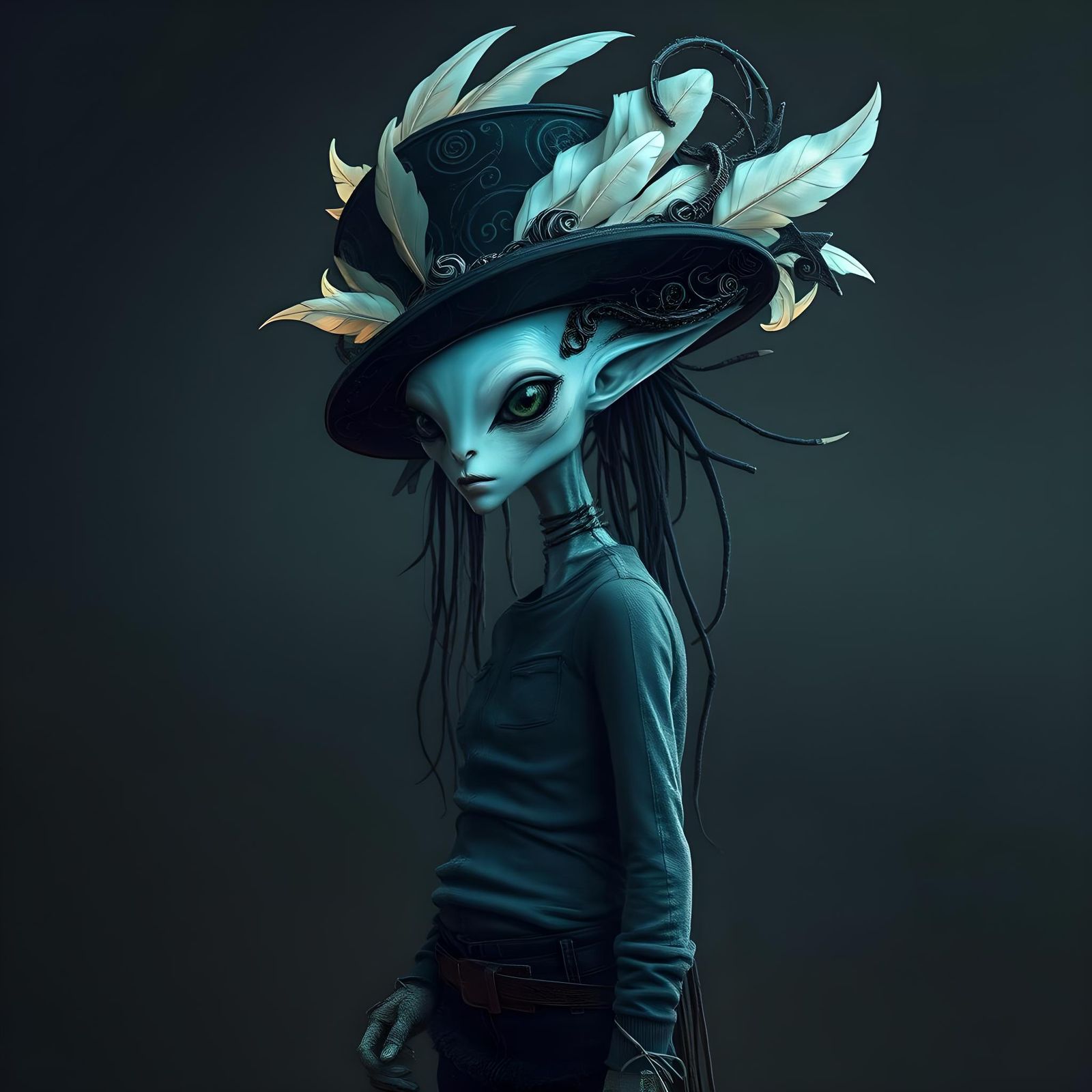 Albino Alien Woman in Top Hat and Boots