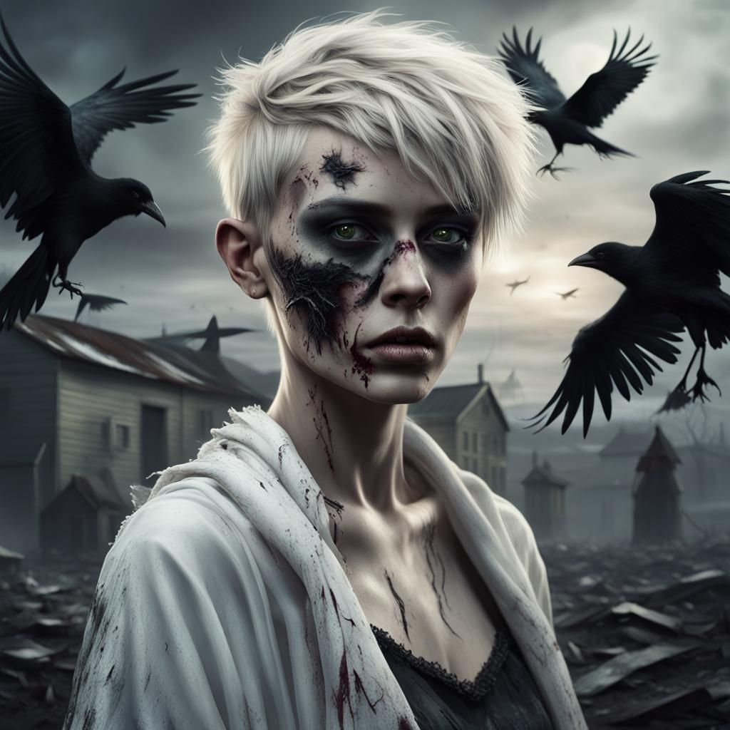 Haunting Zombie Woman with Crows: Digital Matte Painting