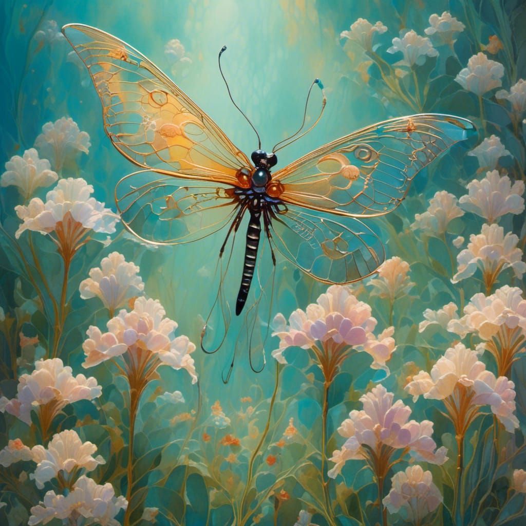 Circuit Board Dragonfly and Iris Flowers Watercolor